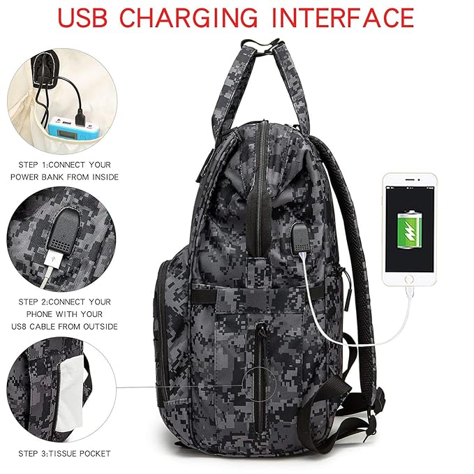 Diaper Bag Backpack with USB Charging Port Stroller Straps and Insulated Pocket,army military Travel Nappy Backpack for Dad/Mom (Black Camo)
