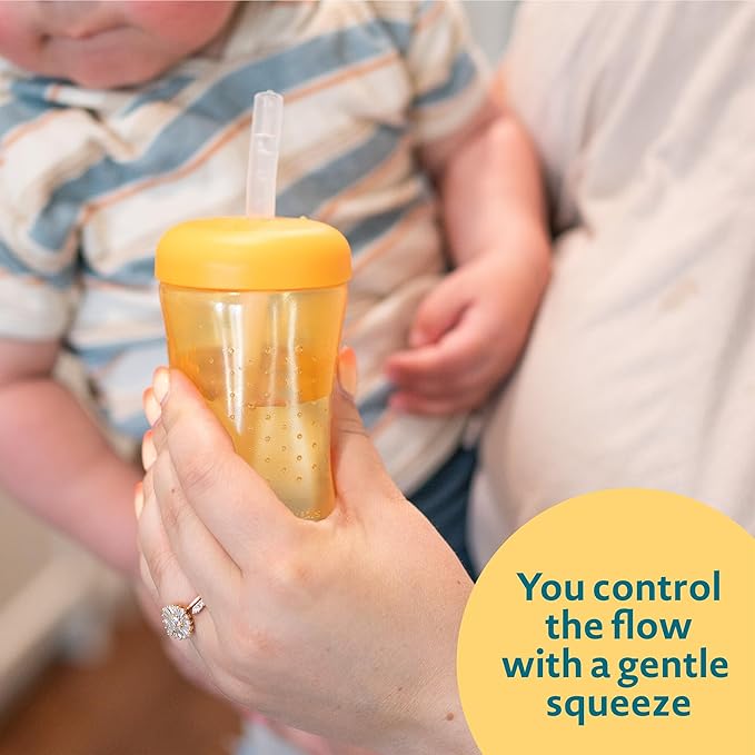The First Years Squeeze & Sip Toddler Straw Cups - Squeezable Transition Sippy Cup with Silicone Straw - Toddler Feeding Supplies - Blue/Yelllow/Red - 7 Oz - 3 Count - Ages 6 Months and Up