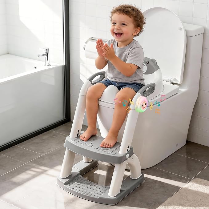 Potty Training Seat ，SKYROKU Potty Training Toilet with Step Stool Ladder, for Kids Boys Girls Toddlers - Comfortable Safe Potty Seat with Anti-Slip Pads Ladder (8899Music-Black)
