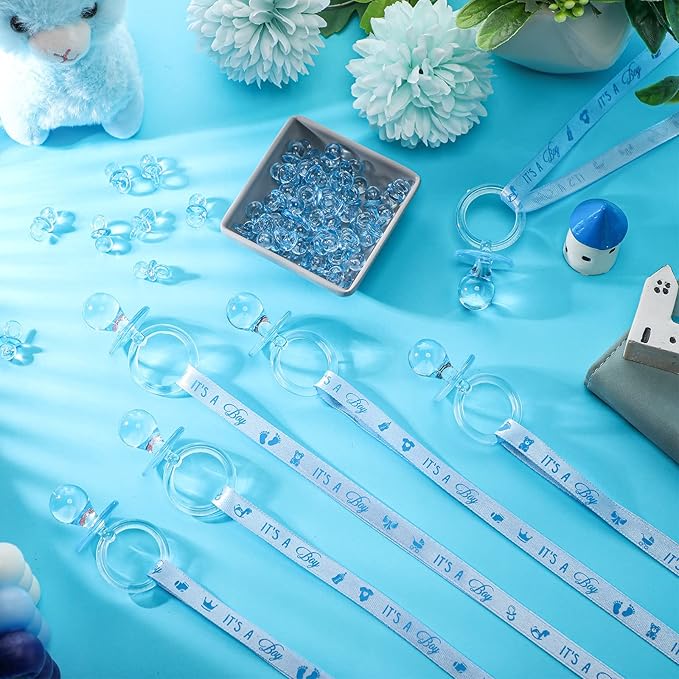 74 Pieces Baby Shower Pacifiers 24 Necklace Acrylic Plastic Pacifiers Baby Shower Game 50 Mini Plastic Charm Bulk for Party Decorations Games Table Scatter(Blue)