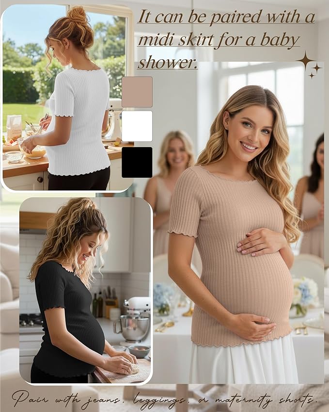 3 Pack Women's Maternity Ribbed Shirts Cotton Short Sleeve Pregnancy Tops Boat Neck Lettuce Trim Mama Clothes