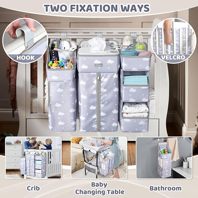 Orzbow XL Hanging Diaper Caddy Organizer for Baby Essentials, Removable 3 in 1 Diaper Stacker, Changing Table Organizer for Crib, Playard, Wall, Multi-Compartments, Two Hang Ways, Grey Cloud