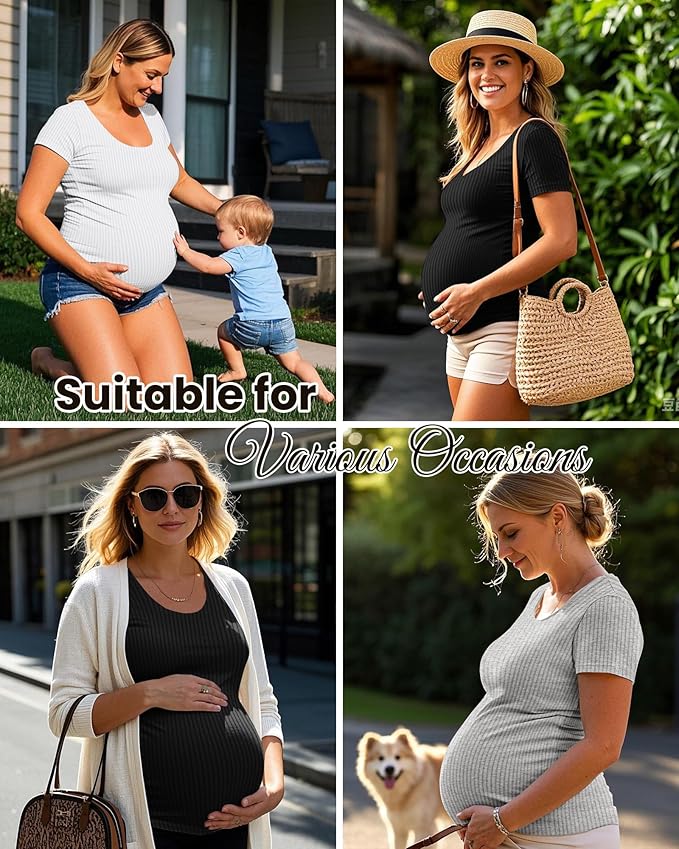 Neer 3 Pack Women's Ribbed Maternity Tops Pregnancy Round Neck Shirts Short Sleeve Soft Maternity Clothes for Mama