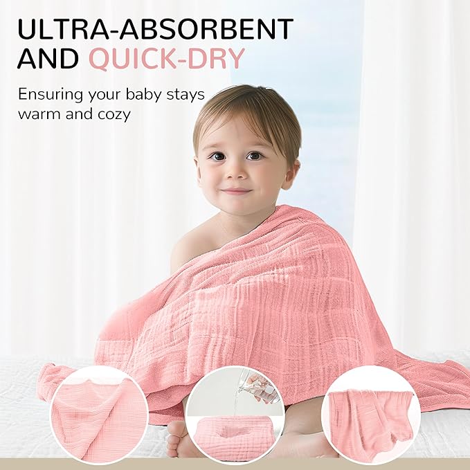 Muslin Bath Towel Baby 3 Pack, Hooded Baby Towels for Girl Boy, Muslin Cotton Baby Bath Towel with Hood for Babies, Infant, Toddler and Kids Newborn Essential (35 X 35 Inch) (Rose + Grey + Apricot)