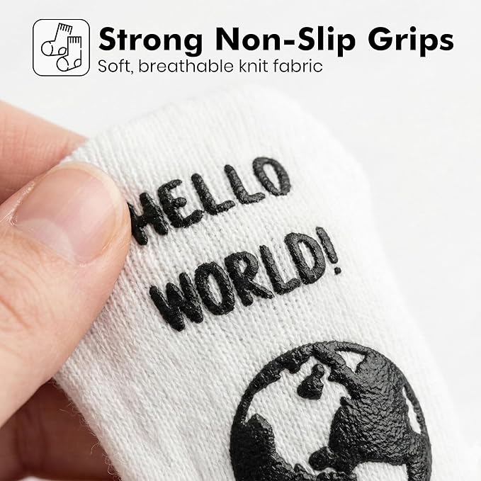 Baby Socks Gift Set – 6 Cute & Funny Non-Slip Socks for Boys & Girls | Baby 0-6 Months to 12-18 Months | Organic Cotton with Grips