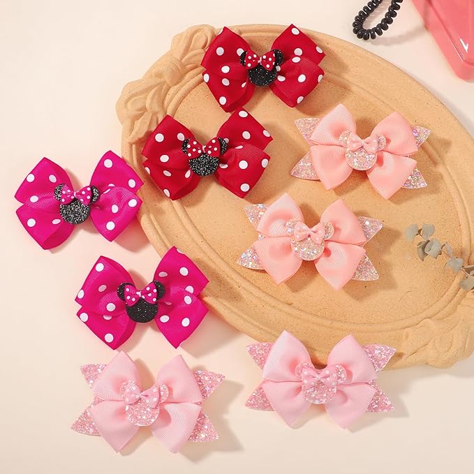 8PCS Mouse Ears Hair Bow Clips, 4 Inch Toddler Girls Polka Dot Hair Accessories, Birthday Party Decoration for Baby Toddler Girls
