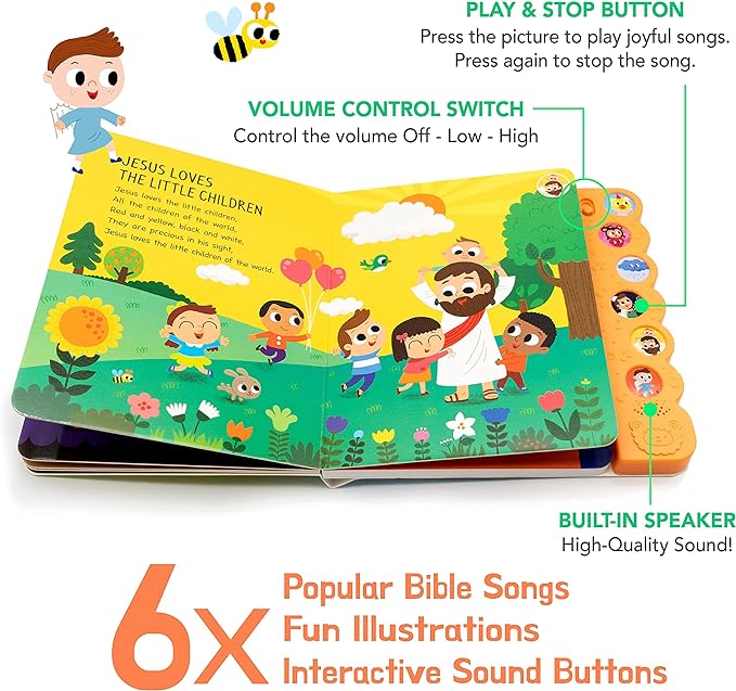 Dance with Jesus Christian Sound Books for Kids - 6 Bible Songs - Baptism, Christening, Dedication Gifts for Boys and Girls - Religious Toys, Music Books for Toddlers 1-3