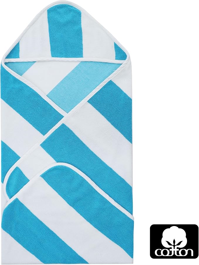 ORIGINAL KIDS Hooded Baby Towel for Newborn - 100% Cotton Baby Bath Towel with Hood - Boys Girls Infants Toddler - Soft Absorbent Beach Pool Newborn Bath Essentials - Large 32x32 - Cabana Stripe Aqua