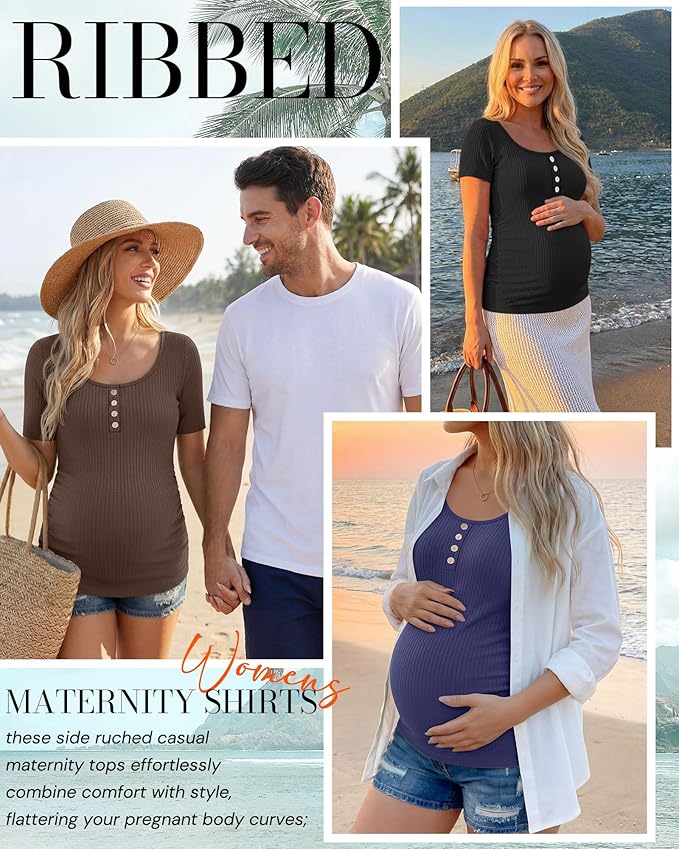 4 Pack Womens Maternity Shirts Scoop Neck Cotton Short Sleeve Ribbed Pregnancy Top Henley Side Ruched Mama Clothes
