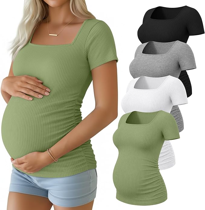 Huukeay 4 Pack Women's Maternity Shirts Cotton Ribbed Short Sleeve Square Neck Pregnancy Tops Side Ruched Summer Tee