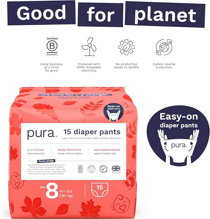 Pura Hypoallergenic Diaper Pants Size 8 (41+ lbs) Overnight, up to 12 Hours Leak Protection, Suitable for Sensitive Skin, Totally Chlorine Free, Soft Organic Cotton, 1 Pack of 15 Pull Up Pants