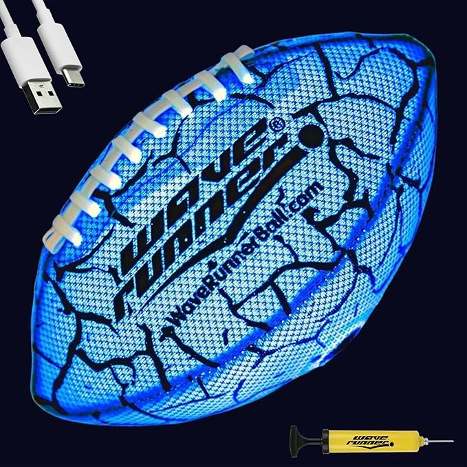 Wave Runner Glow in The Dark LED Football - Junior Size Waterproof Light Up Football, Type-C Rechargeable with Pump, Outdoor Sports Toy for Kids, Teens, and Adults