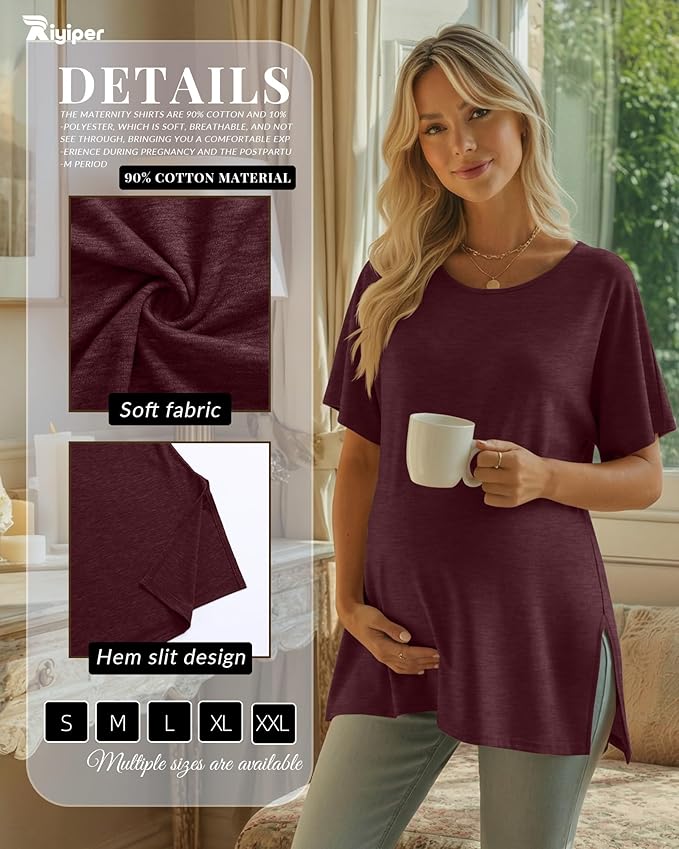 Riyiper 3 Pack Women's Maternity Tunic Shirts Cotton Summer Pregnancy Clothes Loose Oversized Split Side Blouse Tops