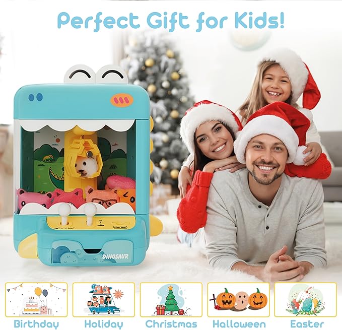 Claw Machine for Kids - Mini Arcade Game - Vending Machine - Candy Grabber Toys - Silent Mode, Lights, USB - Plush Toys & Easter Eggs, Surprise Stickers - Fun Gift for Kids, Boys & Girls (Dinosaur)