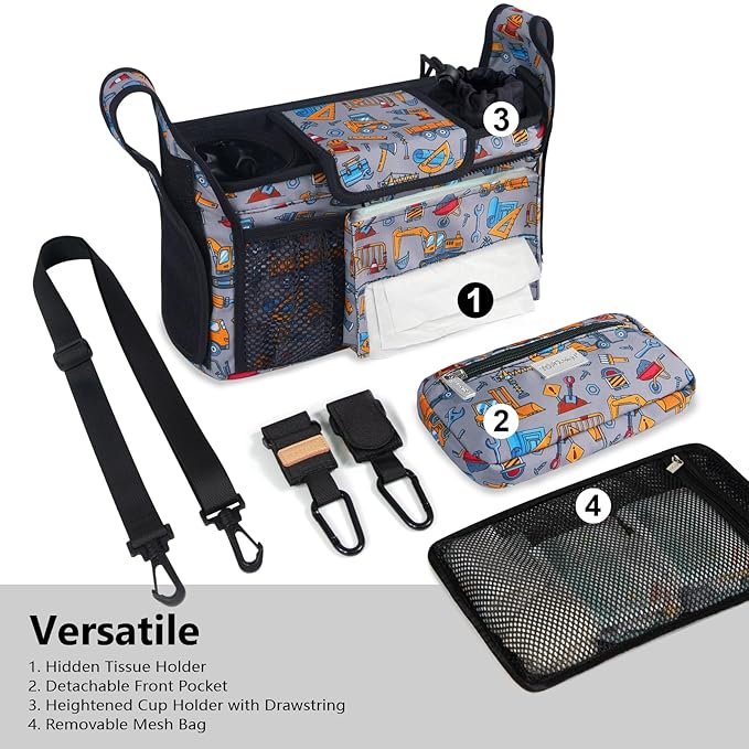 TOPDesign Universal Baby Stroller Organizer, Stroller Caddy with Detachable Mesh Bag & Heightened Insulated Cup Holders & Non-Slip Secure Hooks Accessories, Fits Most Strollers (Construction Trucks)