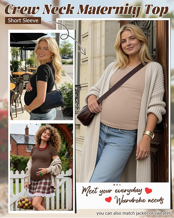 Huukeay 4 Pack Women's Maternity Shirts, Crew Neck Maternity Top Short Sleeve Casual Cotton Tee Side Ruched Pregnancy Clothes