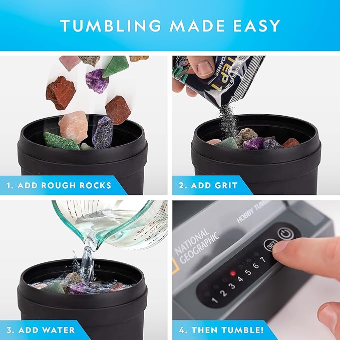 National Geographic Hobby Rock Tumbler Kit – Durable Leak-Proof Rock Polisher with 7-Day Timer, Complete Rock Tumbling Kit with Grit, Jewelry Settings & GemFoam Polish, Educational STEM Science Kit
