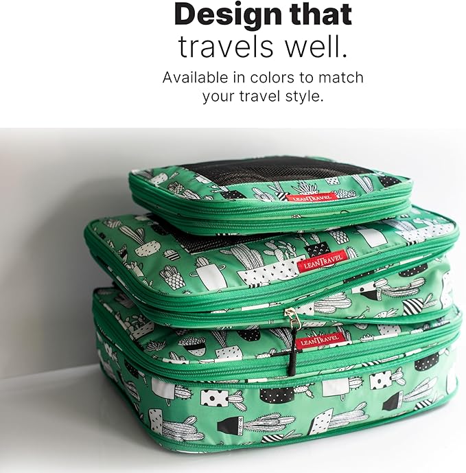 LeanTravel Premium Compression Packing Cubes for Travel - Luggage Organizers with Double Zipper - Sturdy Bags for Suitcase (6-Pack, Green Cactus)