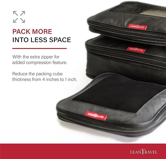 LeanTravel Premium Compression Packing Cubes for Travel - Luggage Organizers with Double Zipper - Sturdy Bags for Suitcase (3-Pack, Black)
