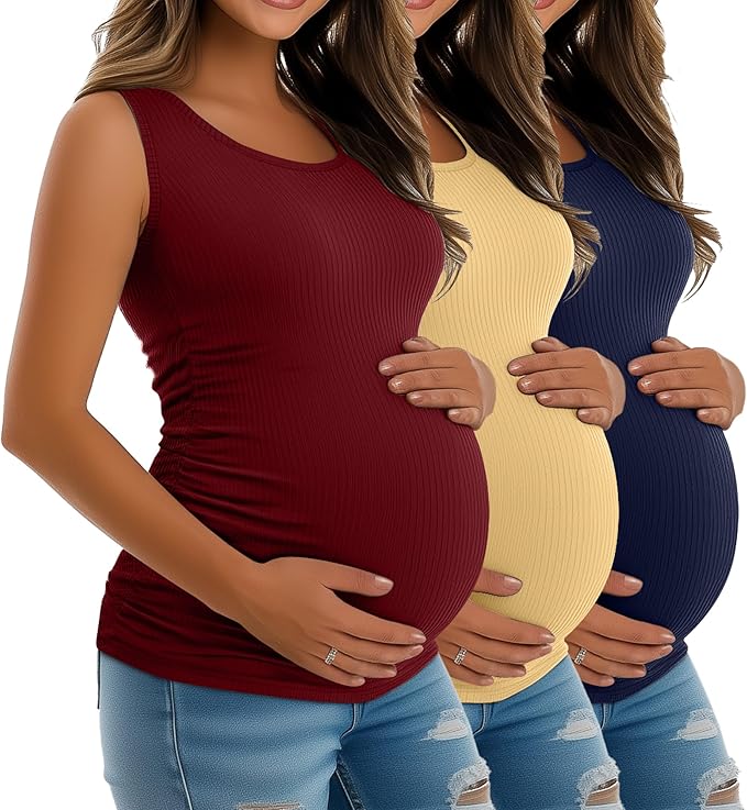 Riyiper 3 Pack Women's Maternity Tank Tops, Sleeveless Cotton Pregnancy Shirts Ribbed Knit Sides Ruched Basic Mama Clothes