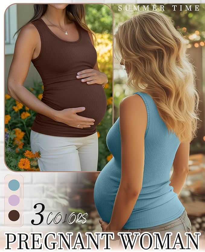 Riyiper 3 Pack Women's Maternity Tank Tops, Sleeveless Cotton Pregnancy Shirts Ribbed Knit Sides Ruched Basic Mama Clothes
