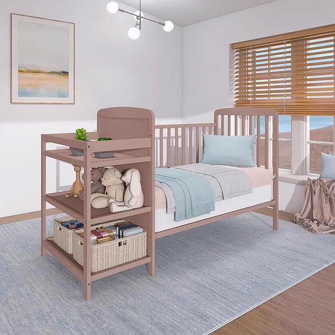 Dream On Me Anna 4 in 1 Full Size Crib and Changing Table Combo in Brown Sugar, Greenguard & JPMA Certified, Converts from Baby Crib to Toddler Bed and Day Bed