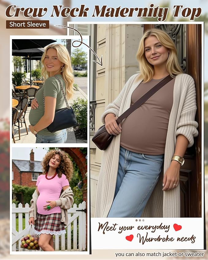 Huukeay 4 Pack Women's Maternity Shirts, Crew Neck Maternity Top Short Sleeve Casual Cotton Tee Side Ruched Pregnancy Clothes