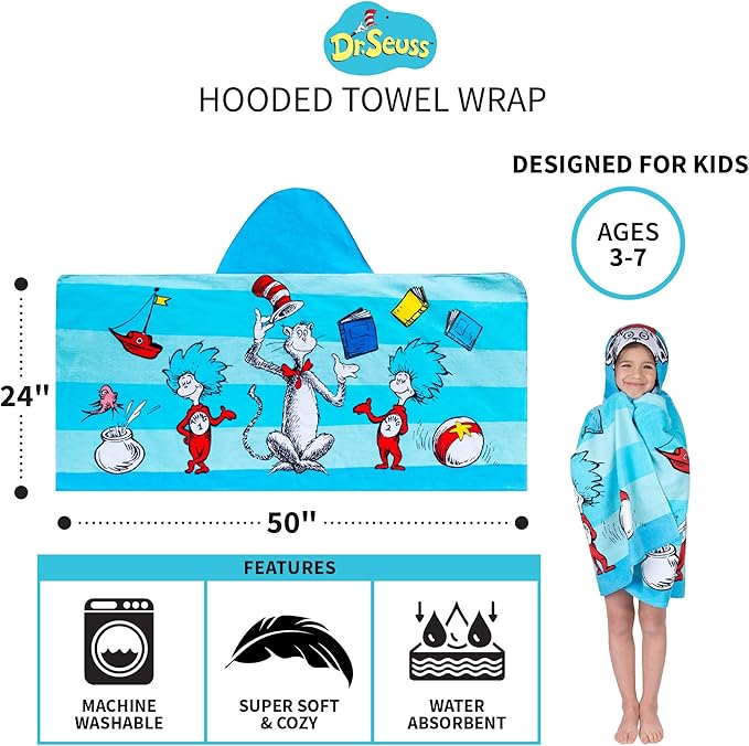 Dr. Seuss Cat In The Hat Bath/Pool/Beach Soft Cotton Terry Hooded Towel Wrap, 24 in x 50 in, By Franco Kids