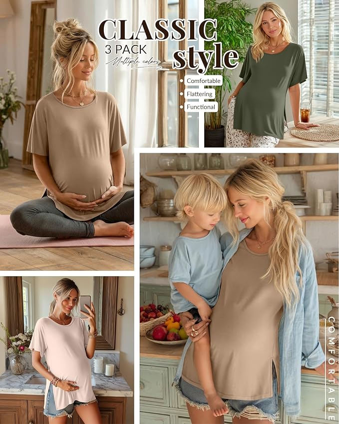 Riyiper 3 Pack Women's Maternity Tunic Shirts Cotton Summer Pregnancy Clothes Loose Oversized Split Side Blouse Tops