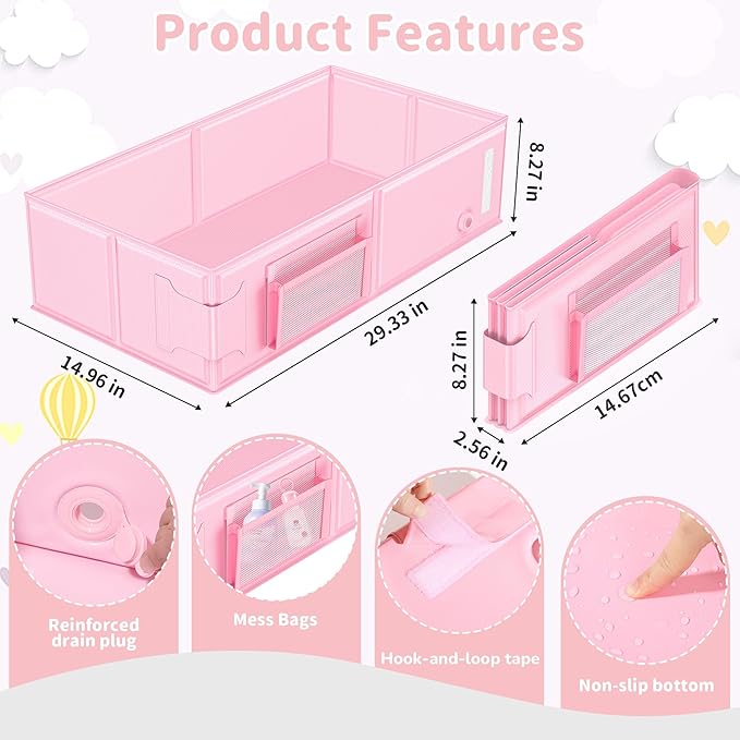 Baby Bathtub, Portable Bathtub with Cat-Patterned Bath Rinse Cup,Foldable Bath Tub for Small Bathroom,Toddler Tub for 6M-5Y,Baby Travel Essentials for Hotel,Camping & Beach