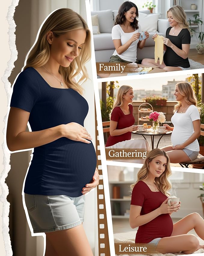 Huukeay 4 Pack Women's Maternity Shirts Cotton Ribbed Short Sleeve Square Neck Pregnancy Tops Side Ruched Summer Tee