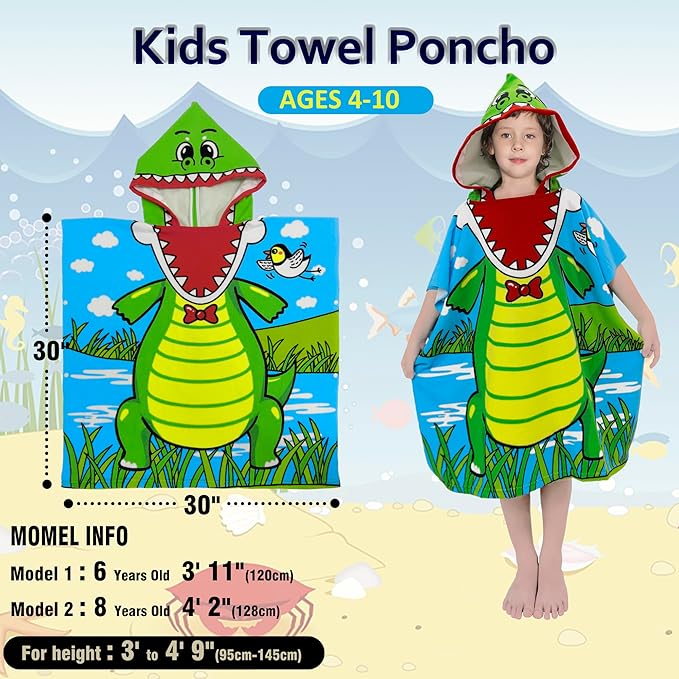 Hooded Kids Beach Towels - Toddler Bath Towel Girls Boys Swim Cover-ups for Ages 4 to 10 Kids Pool Towels Quick Dry Lightweight Soft Microfiber Poncho 30x30 with Bag (Green Alligator)