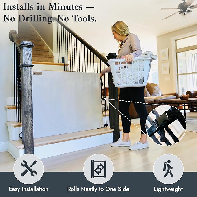 The Stair Barrier First Fabric Banister to Banister Baby Gates for Stairs 36”–42” Wide x 32” Tall– No Drill Baby Gate for Top or Bottom Staircase, Machine-Washable Climb Proof, Designed in USA, Cream