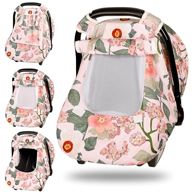 TANOFAR Car Seat Cover Baby, Winter Carseat Cover for Newborn, Infant Car Seat Cover with Windproof and Kick-Proof, Super Warm Plush Fleece Baby Carrier Cover for Infant Boys Girls (Floral)