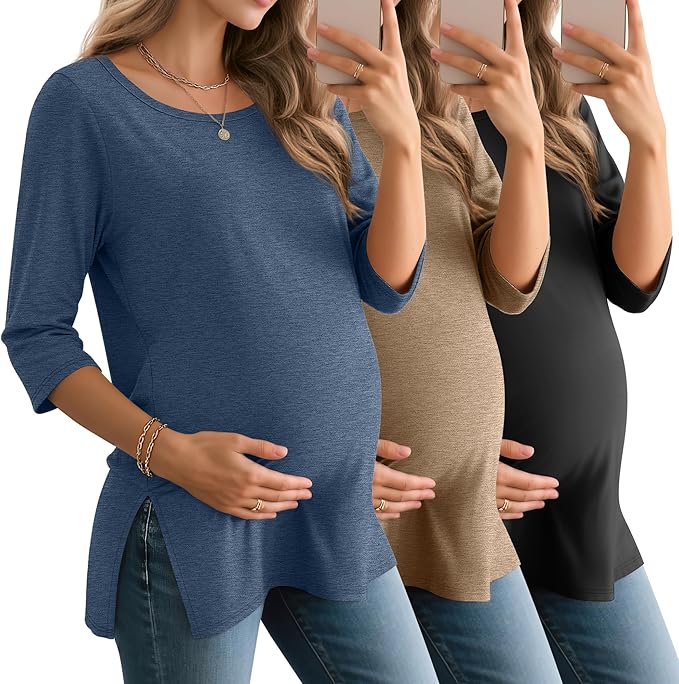 3 Pack Women's 3/4 Sleeve Maternity Shirts Elbow Length Clothes Round Neck Tunics Pregnancy Loose Side Split Tops