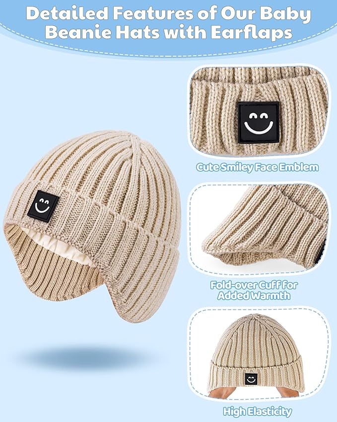 Alepo 3 Pack Baby Beanie Hats with Earflaps, 2 Size Baby Winter Hat for Toddler Kids, Fleece Lined Knit Hat for Girls Boys