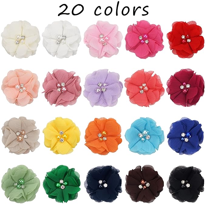 40 Pack Baby Girls Hair Accessories - 2 Inch Handmade Pearl Rhinestone Chiffon Flower Soft Elastics Ponytail Holders for Newborns to Kids