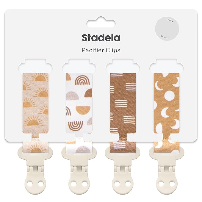 Stadela Baby Pacifier Clip Holder - Girl or Boy Unisex 4 Pack Gift Set – Boho Modern Neutral Suns Raibows Moons (Luna)