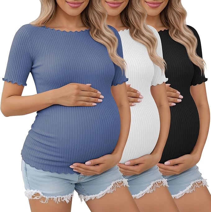 3 Pack Women's Maternity Ribbed Shirts Cotton Short Sleeve Pregnancy Tops Boat Neck Lettuce Trim Mama Clothes