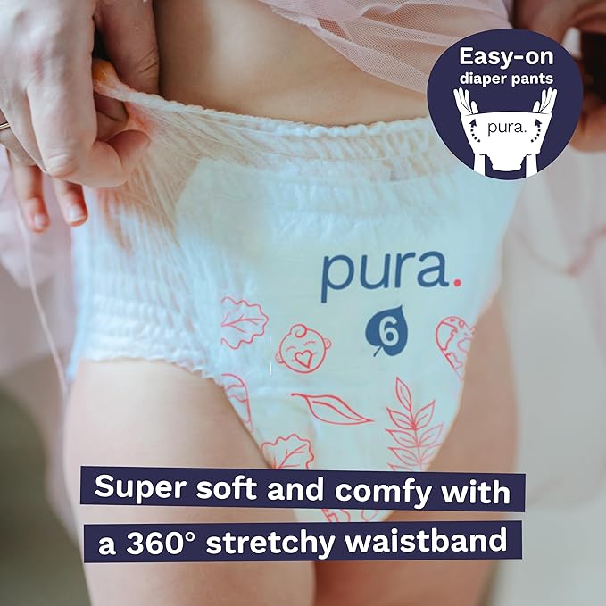 Pura Hypoallergenic Diaper Pants Size 9 (48+ lbs) Overnight, up to 12 Hours Leak Protection, Suitable for Sensitive Skin, Totally Chlorine Free, Soft Organic Cotton, 3 Packs of 15 (45 Pull Up Pants)