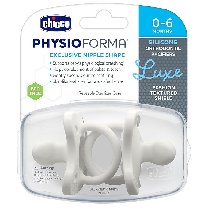Chicco PhysioForma Luxe Orthodontic Pacifier, 0-6m | 100% Soft Silicone | Supports Breathing & Oral Development | Textured Shield & Handle | Includes Sterilizing Case | BPA Free | Pearl Grey, 2pk