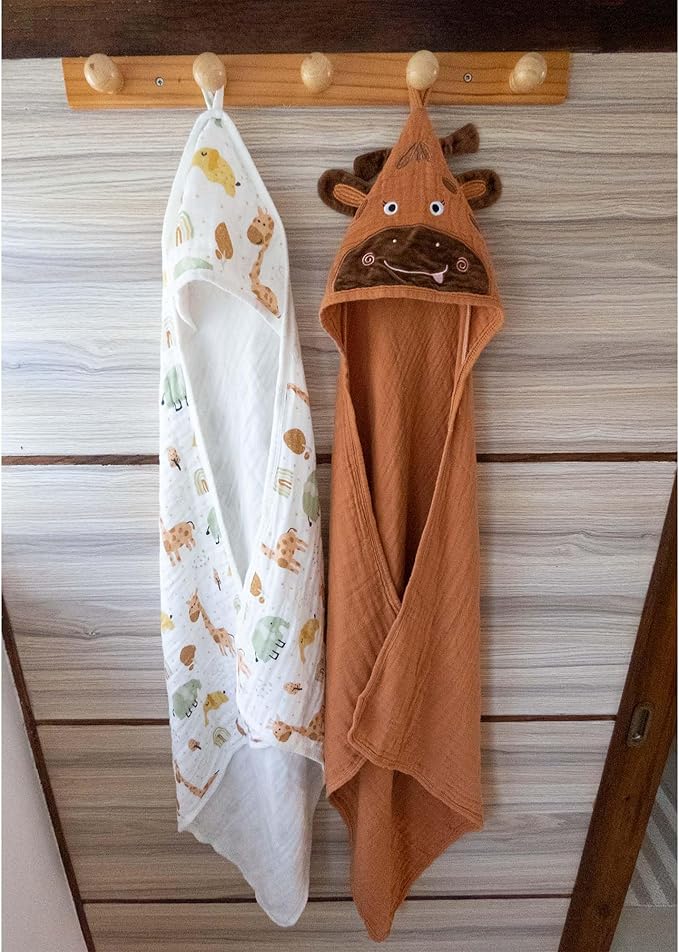 Chungie Soft Muslin Hooded Baby Towels 32x32 inches – 100% Cotton, 6-Layer Breathable Newborn Bath Towels with Hood, Pack of 2 (Printed + Embroidered)