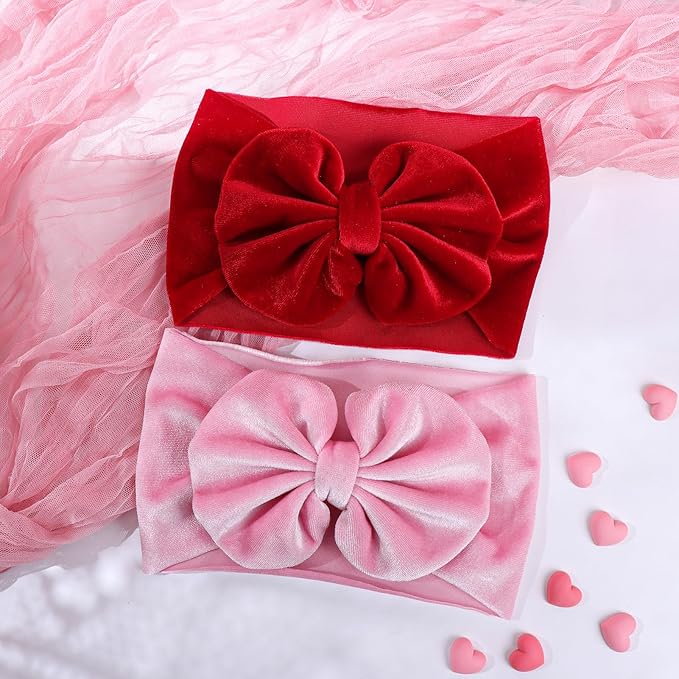 YanJie Hairband - Velvet Bows for Baby Girls, Soft Handmade Headbands, Ideal Gifts for Toddlers, Girls Infant, Kids, 2 Pack - Red, Pink