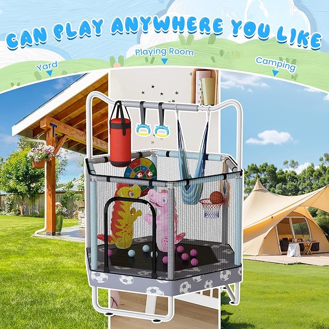 LAMERGE 55" 7-in-1 Round Trampoline for Kids Boys & Girls Ages 1-8, Indoor & Outdoor Trampoline for Fun, Adjustable Height Handrail ＆ Enclosed Safety Net ＆ Durable Designs for Toddlers Children