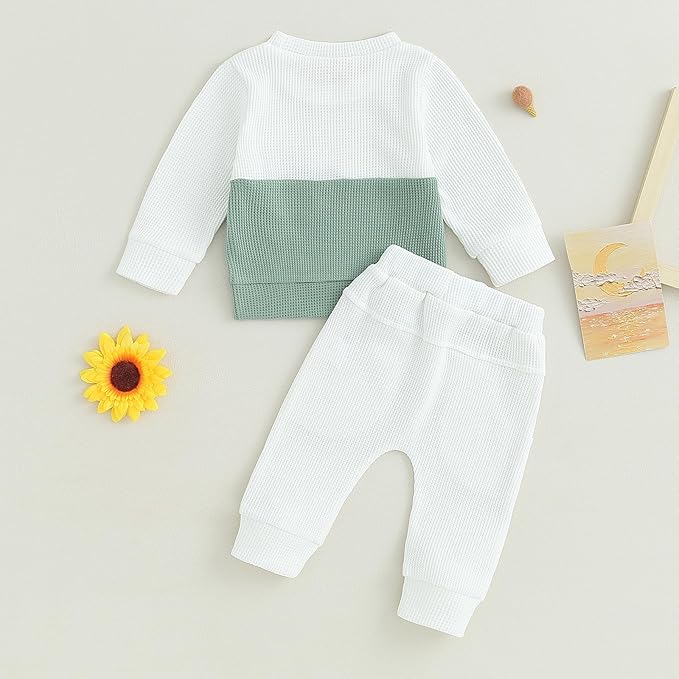 Toddler Baby Boy Fall Outfit Long Sleeve Crew Neck Contrast Color Sweatshirt Top Pant Cute Newborn Infant Waffle Clothes
