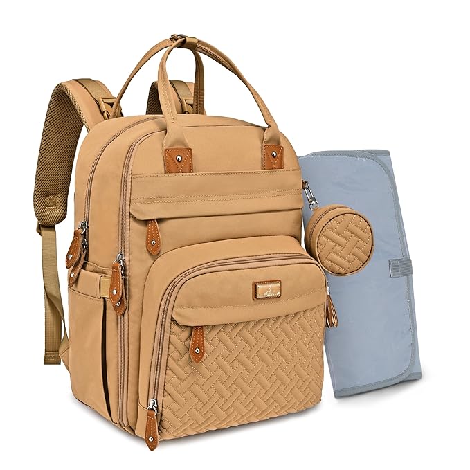 BabbleRoo Diaper Bag Backpack - Baby Essentials Travel Tote - Multi function Water Resistant Diaper Bag, Travel Essentials Baby Bag with Changing Pad, Stroller Straps & Pacifier Case - Unisex, Beige | Multi function, Waterproof, Diaper Bag, with Changi...