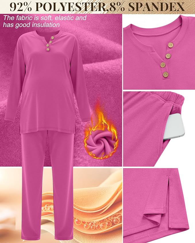2 Piece Thermal Maternity Lounge Set Postpartum Pregnancy Fleece Loungewear Long Sleeve Top and Wide Leg Pant
