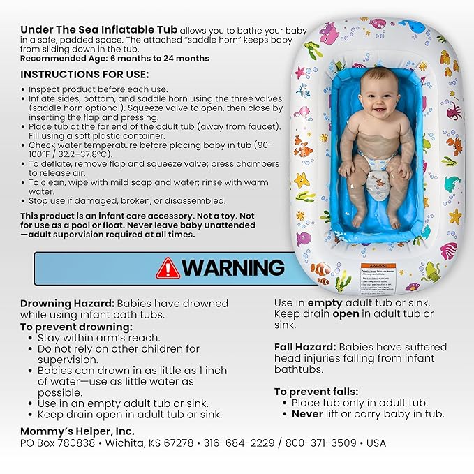 Mommy's Helper | Inflatable Under The Sea Baby Bathtub, Collapsible Safe Baby Bath Tub with Anti-Sliding Saddle Horn Seat, Must Have Travel Toddler Bath, Portable Bathtub Recommended Months 3 to 18