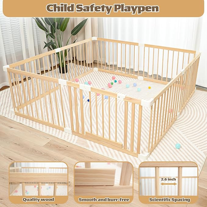 Extra Large Wooden Baby Playpen,Play Pen for Babies and Toddlers Kids Indoor,Security Playard Area Indoor,Easy to Assemble (73x73x24 Inch)
