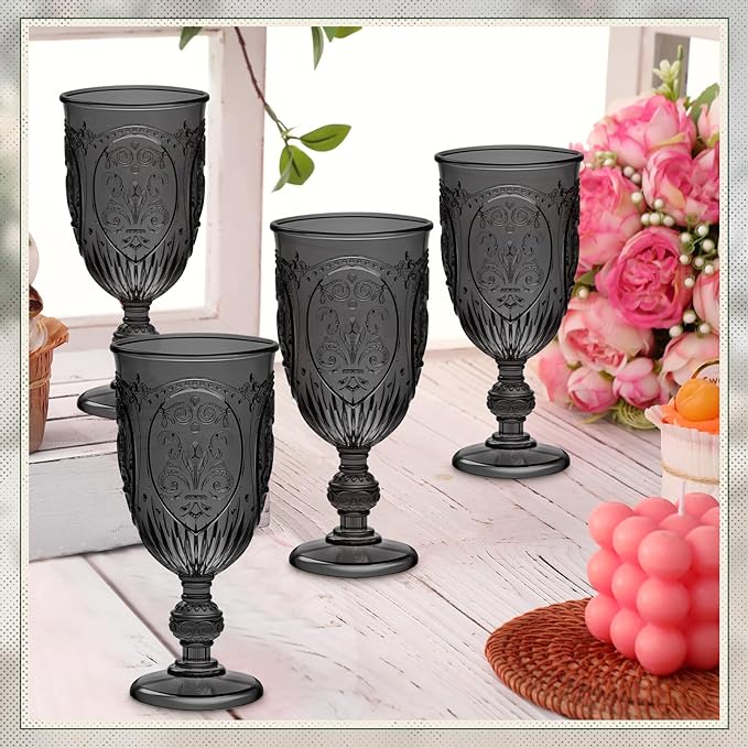 24 Pcs Plastic Goblets 7.5oz Vintage Goblet Plastic Wine Glasses Colored Retro Embossed Water Goblets for Wine Bar Juice Baby Shower Wedding Reception Grand Event Party (Black)